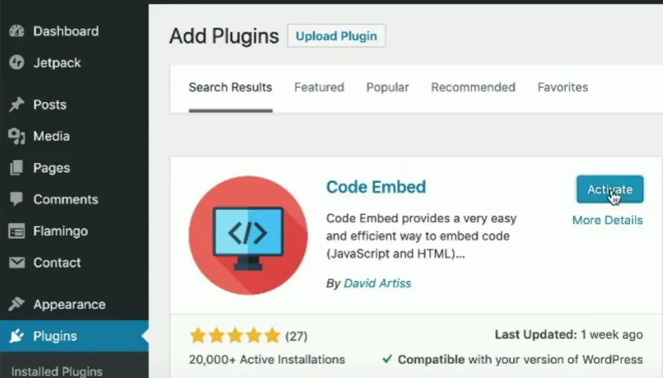 Kích hoạt plugin Code Embed