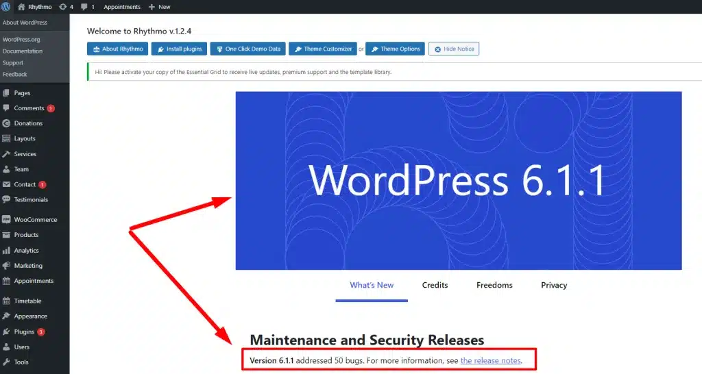 Kiểm tra phiên bản WordPress bằng trang quản trị (Dashboard)