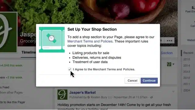 3 bước tạo cửa hàng trên fanpage để kinh doanh trên Facebook hiệu quả 22 Chọn I Agree to the Merchant Terms and Polices để set up shop trên Facebook