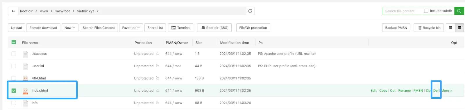 Xoá file index mặc định