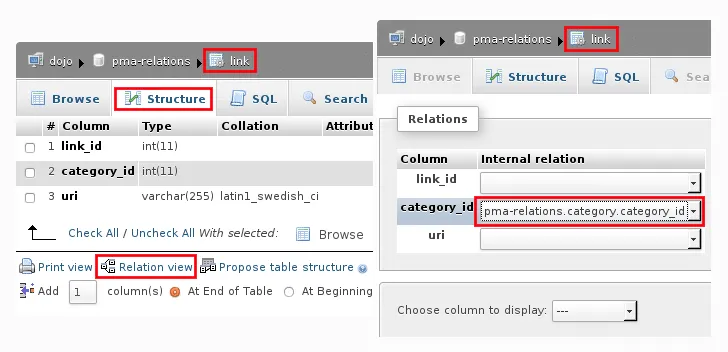 How to view and create relationships in phpmyadmin