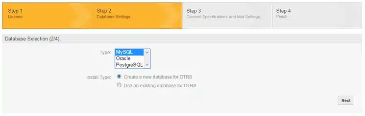 Chọn loại database cho OTRS