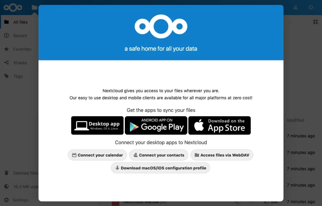 Cửa sổ liên kết đến những ứng dụng Nextcloud