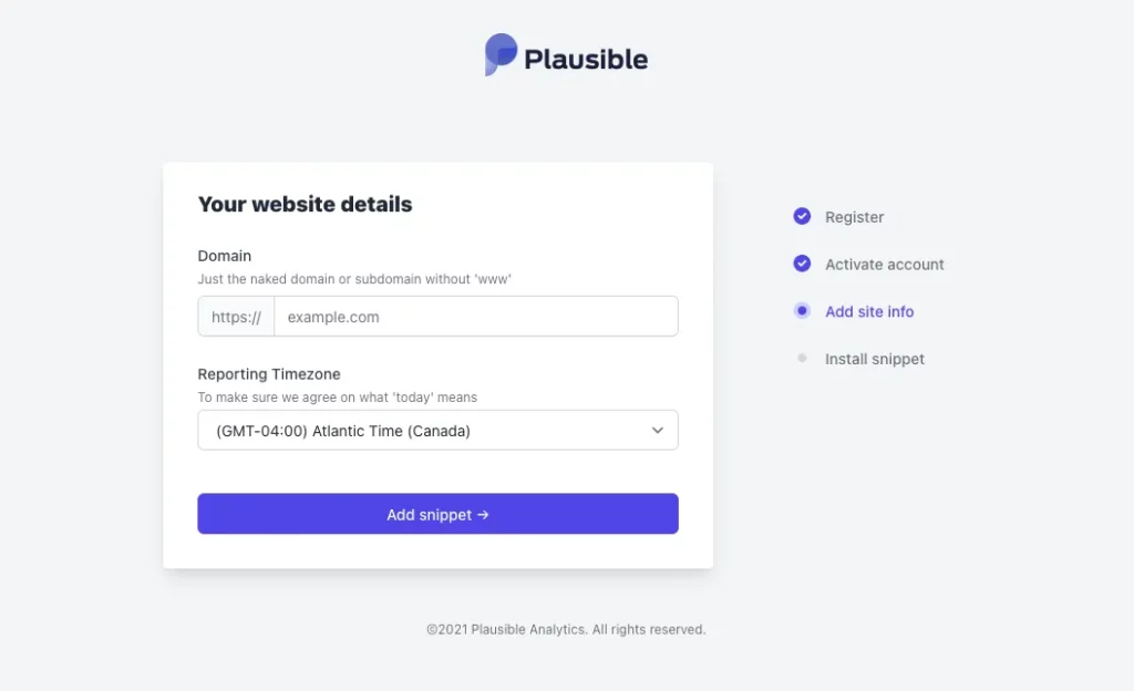 Màn hình thiết lập của Plausible