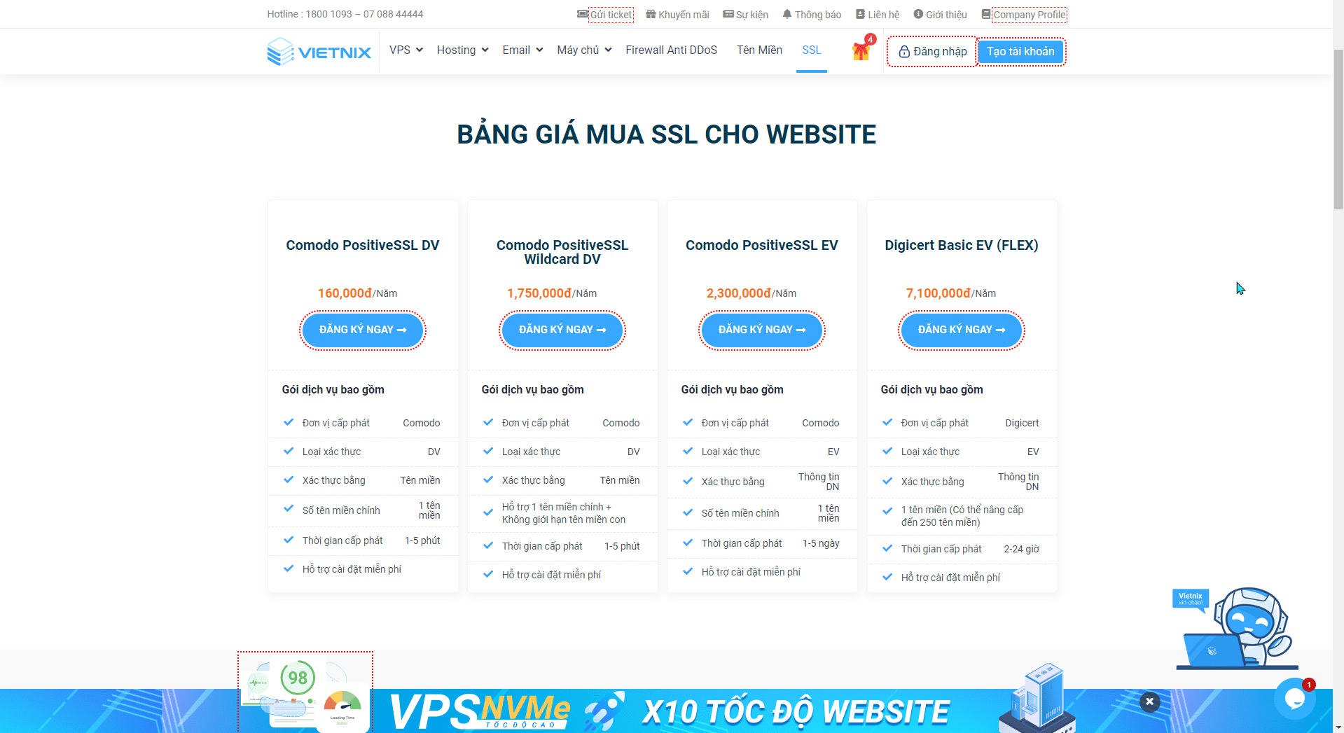 Bảng giá khi mua SSL cho Website tại Vietnix