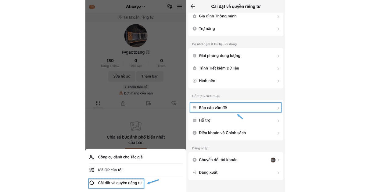 Chọn mục Báo cáo vấn đề