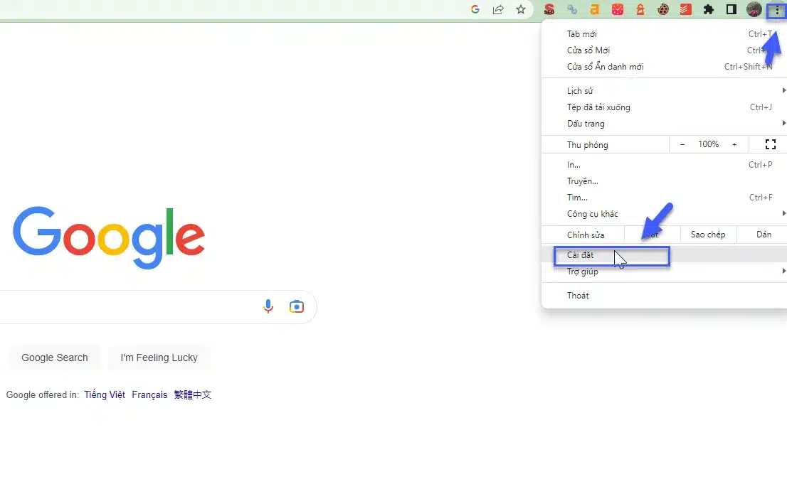 Khỏi động Chrome và chọn và phần Settings