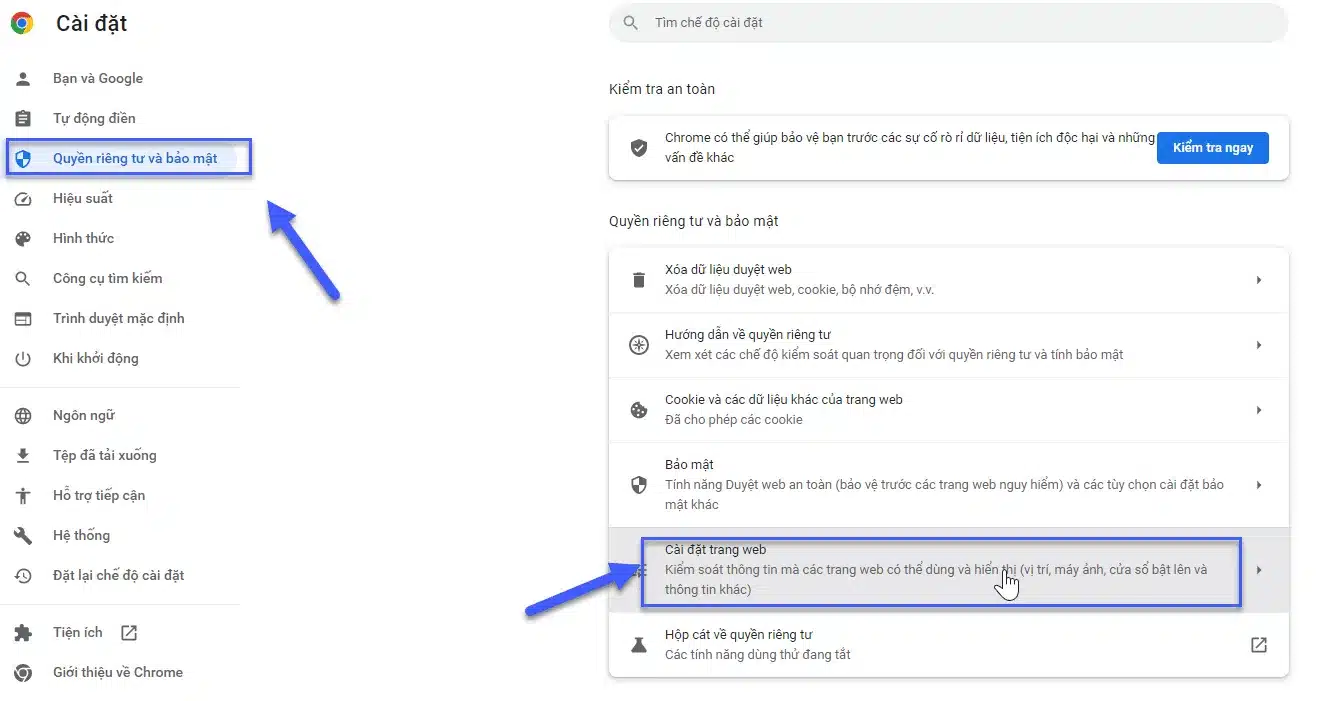 Chọn Privacy and security sau đó chọn Site setting