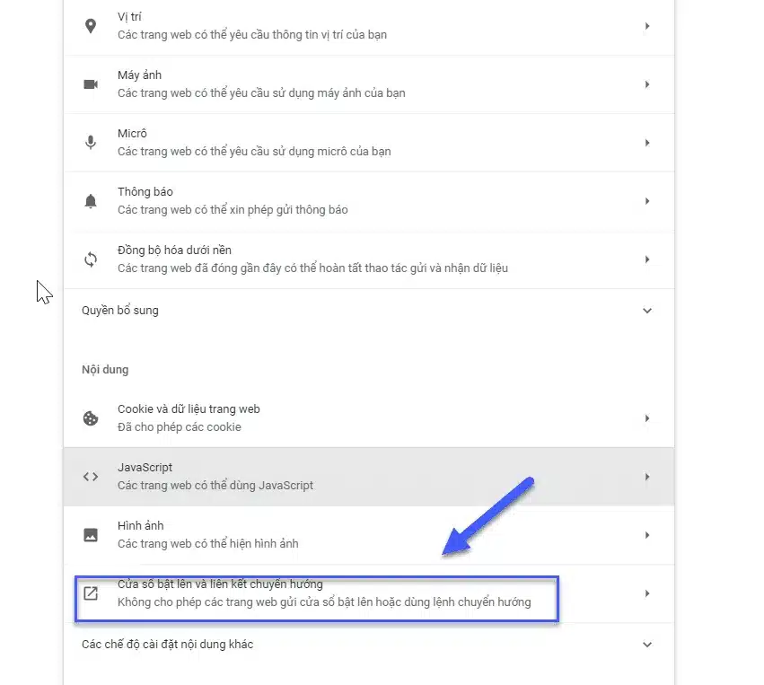 Tiếp tục chọn Pop-ups and redirects