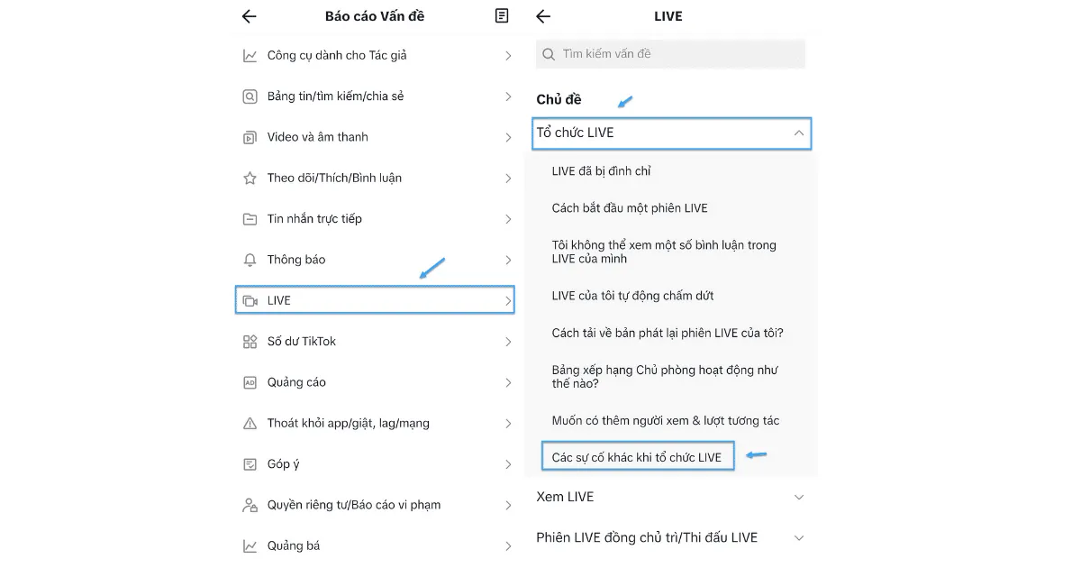 Chọn mục Các sự cố khác khi tổ chức LIVE