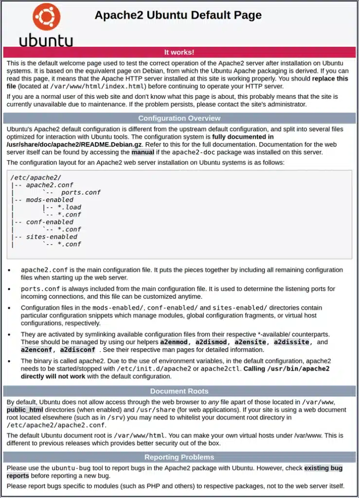 Màn hình trang web mặc định của Apache