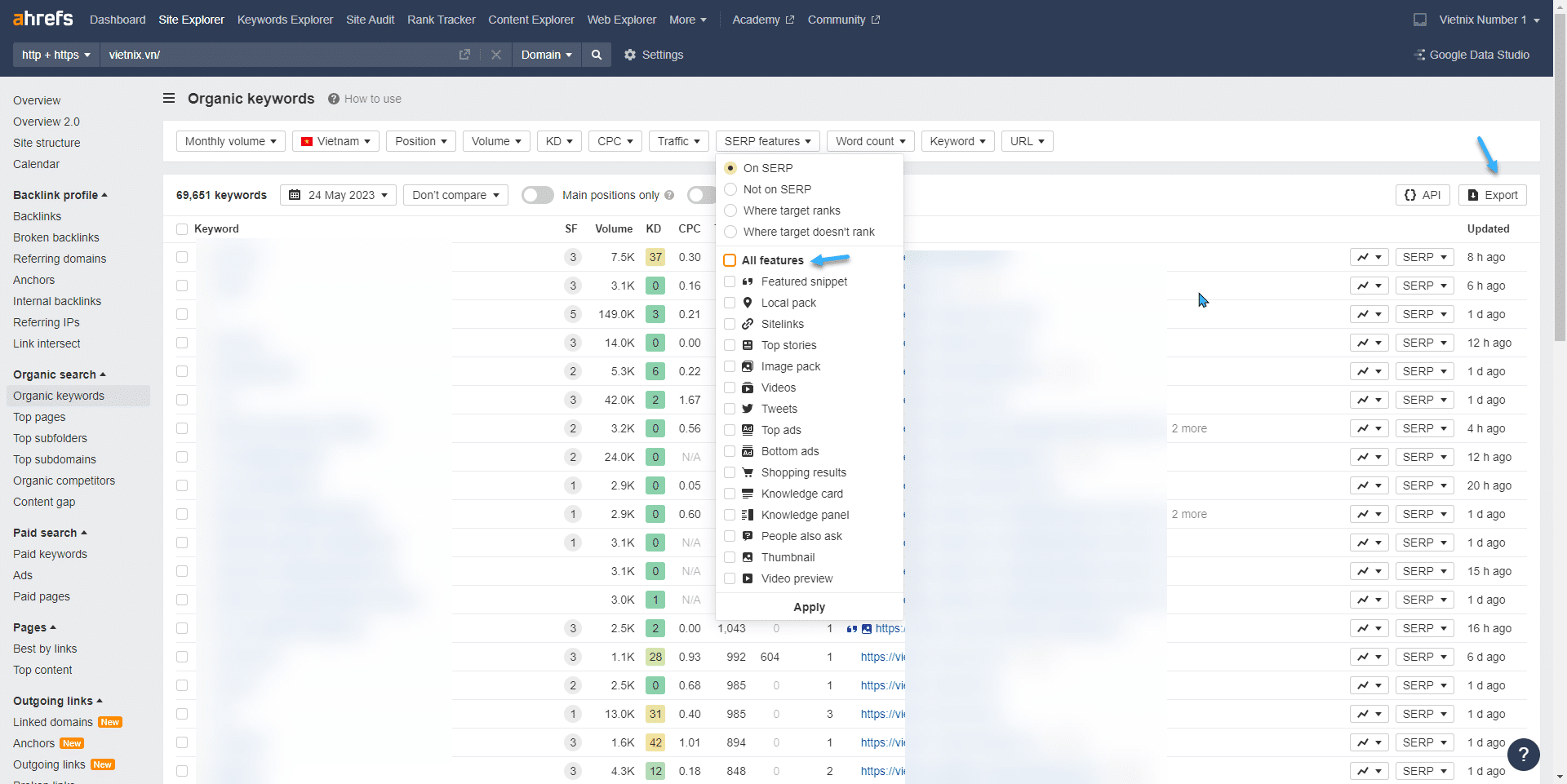 Xuất file trong Organic Keywords