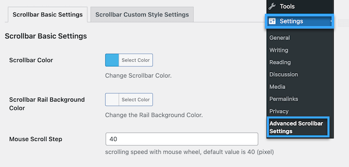 Vào Advanced Scrollbar Settings trong mục Settings