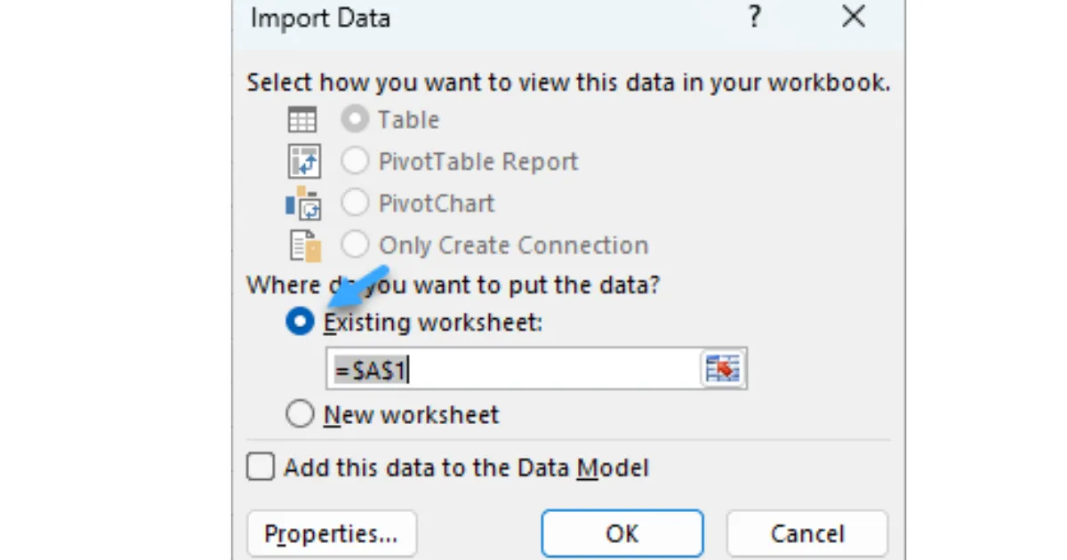File CSV là gì? Tìm hiểu sự khác biệt giữa file Excel và CSV 26 Nhấn Ok sau khi chọn Existing worksheet để hoàn tất chèn dữ liệu
