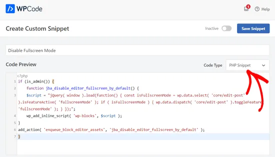 Cách tắt Fullscreen mode trong WordPress đơn giản 13 Chọn PHP Snippet