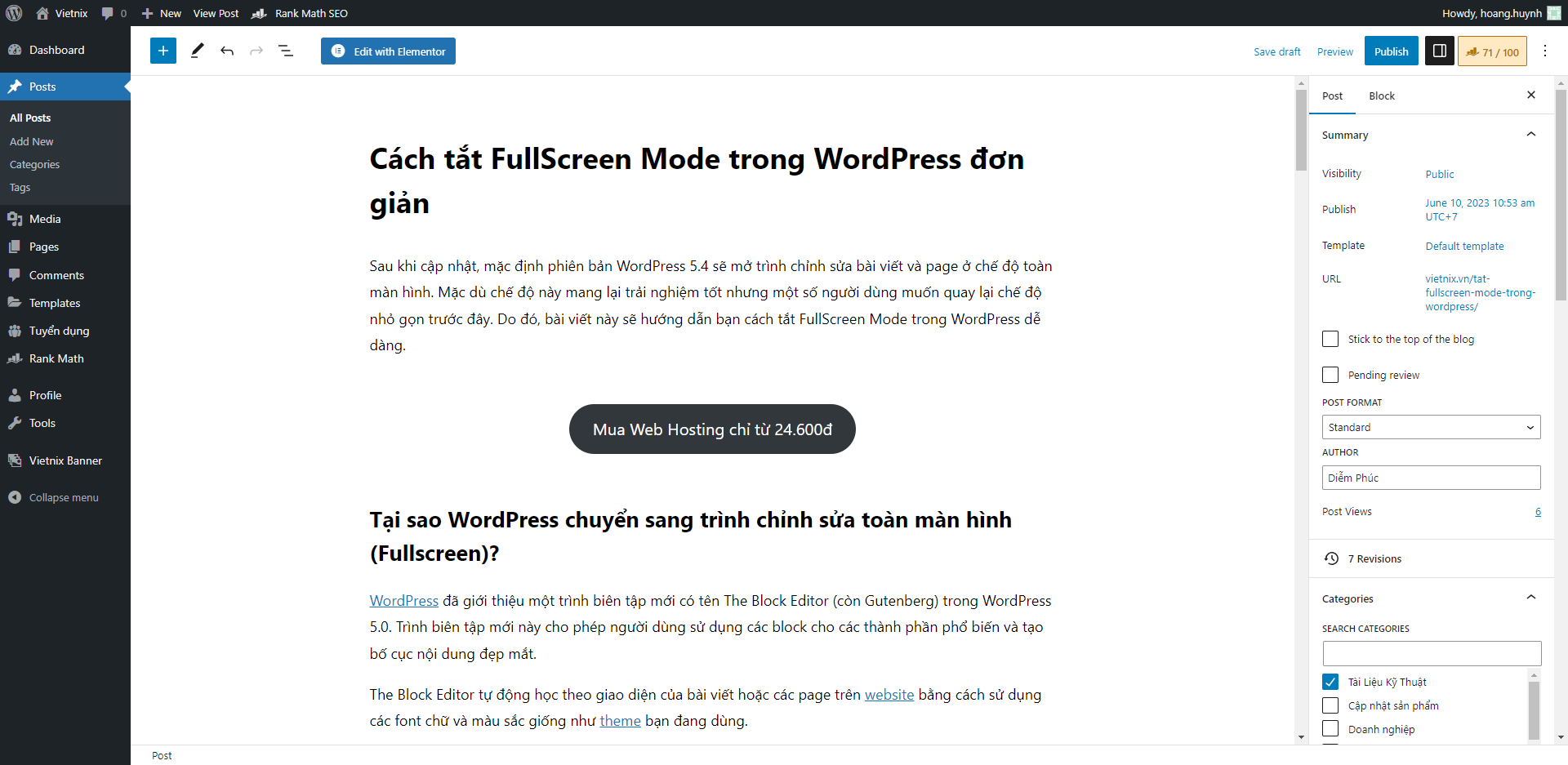 Giao diện WordPress khi chưa chuyển sang Fullscreen
