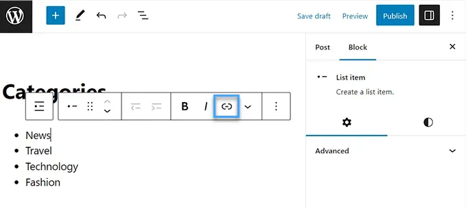 Hướng dẫn tạo RSS feeds cho category trong WordPress 20 Chọn biểu tượng link trên thanh toolbar
