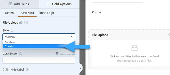 Cách tạo biểu mẫu tải file lên trong WordPress 24 Chọn tùy chọn Classic làm kiểu biểu mẫu từ menu thả xuống