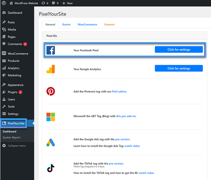 2 cách đơn giản để cài pixel Facebook vào website WordPress 85 Click for settings nằm bên cạnh Your Facebook Pixel