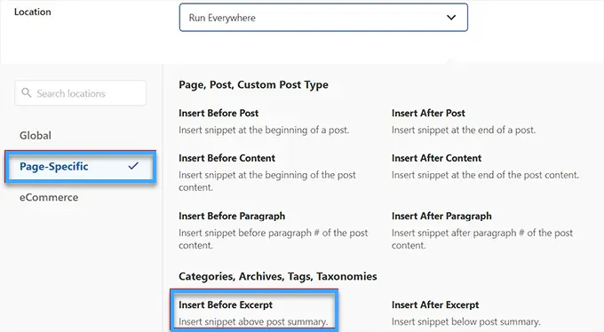 Hướng dẫn tạo RSS feeds cho category trong WordPress 34 Mở menu dropdown "Location" > "Page-Specific" > "Insert Before Excerpt"