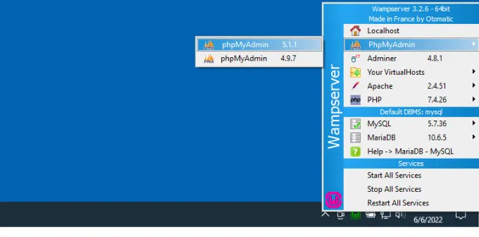 Hướng dẫn 2 cách để tải WordPress trên máy tính Windows cực chi tiết 71 Mở phpMyAdmin từ thanh tác vụ