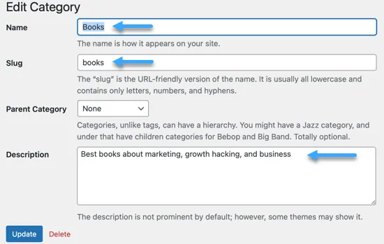 Hướng dẫn cách đổi tên danh mục trong WordPress chi tiết, dễ dàng dành cho người mới 18 Thay đổi tên cate, slug và mô tả nếu bạn cần