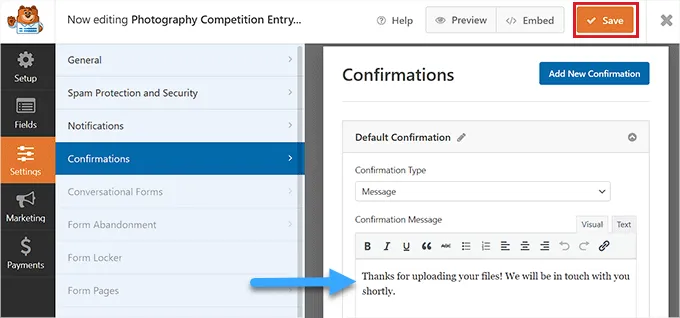 Cách tạo biểu mẫu tải file lên trong WordPress 30 Thay đổi thông báo xác nhận