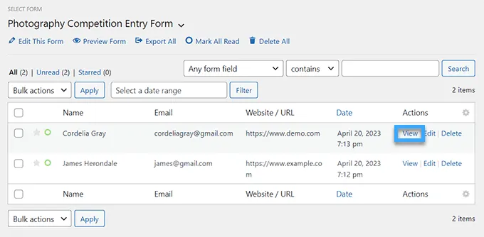 Cách tạo biểu mẫu tải file lên trong WordPress 37 Xem các bản ghi biểu mẫu