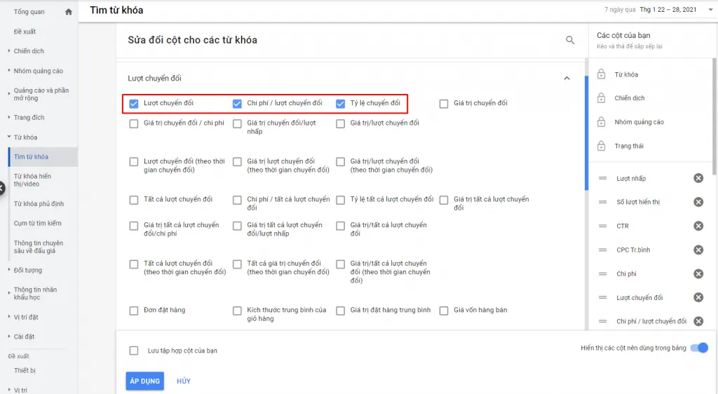Các chỉ số Google Ads quan trọng cần quan tâm 18 xem chỉ số chuyển đổi