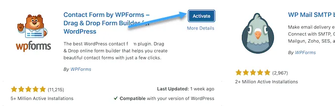 Hướng dẫn tạo contact form trong WordPress với WPForms 23 Kích hoạt plugin bằng cách nhấp vào nút Activate