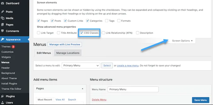 2 cách thêm icon font vào theme WordPress 38 Trên trang Appearance chọn Menus sau đó nhấp vào Screen Options