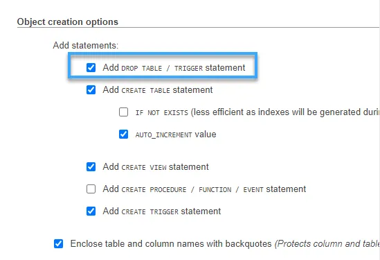 6 cách export trang web WordPress đơn giản 56 Chọn box cho Add DROP TABLE / TRIGGER statement