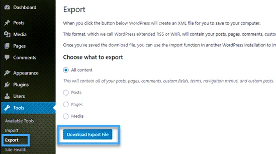 Nhấp vào tùy chọn Download Export File