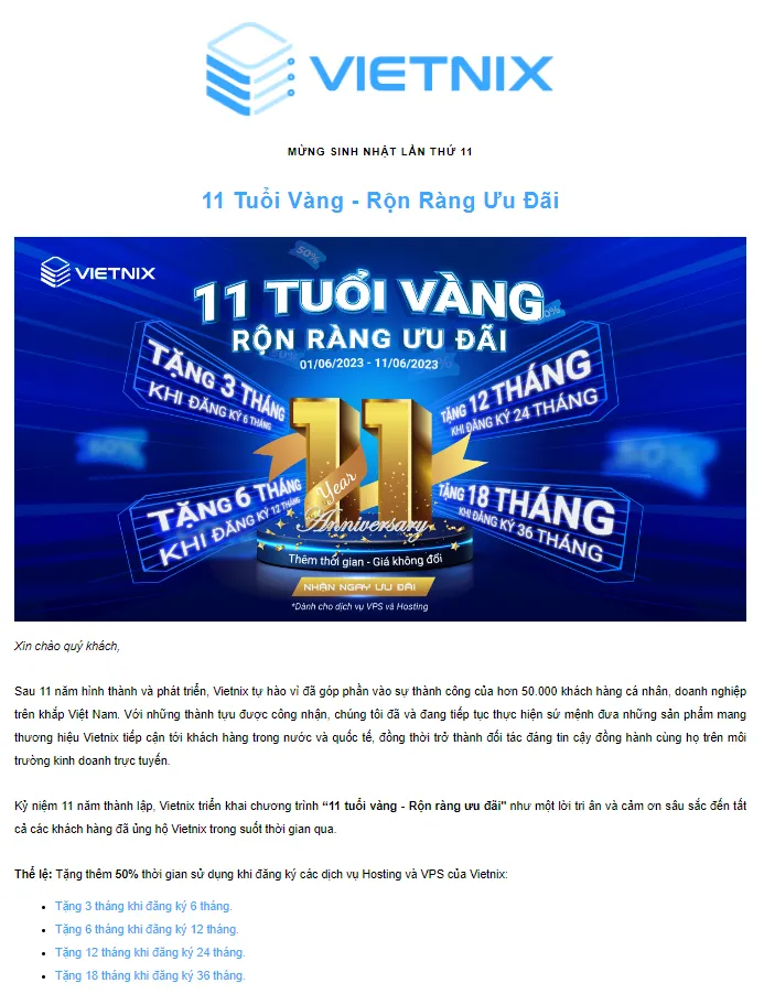 Email marketing nhân dịp sinh nhật Vietnix