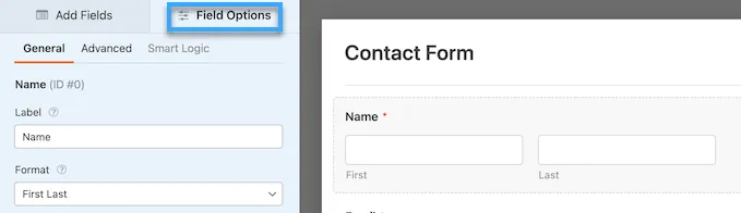 Hướng dẫn tạo contact form trong WordPress với WPForms 25 Khi nhấp vào một field form sẽ hiển thị một bảng điều khiển Field Options