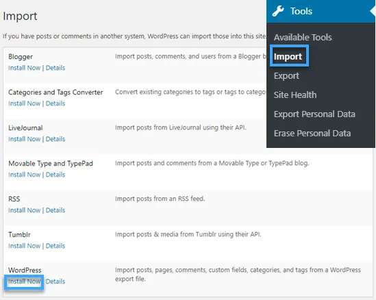 6 cách export trang web WordPress đơn giản 30 Truy cập vào Tools chọn Import và cài đặt trình import WordPress