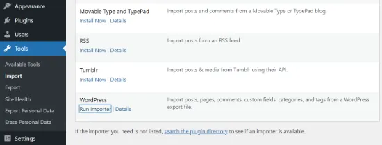 6 cách export trang web WordPress đơn giản 31 Nhấp vào link Run Importer