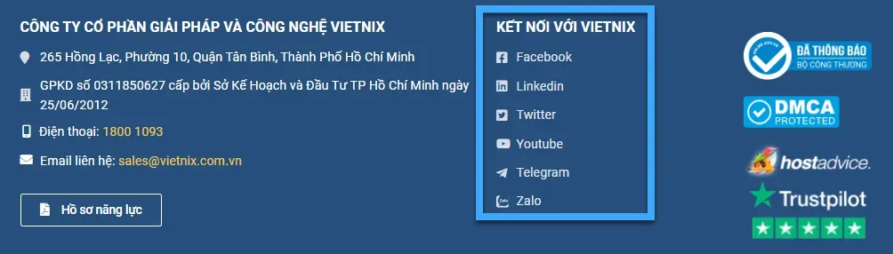 Cách thêm social media icons vào menu WordPress dễ dàng, nhanh chóng 46 Vietnix chọn sử dụng social media icons đặt dưới footer của mình