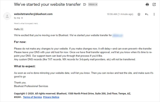 6 cách export trang web WordPress đơn giản 39 Email thông báo từ Bluehost