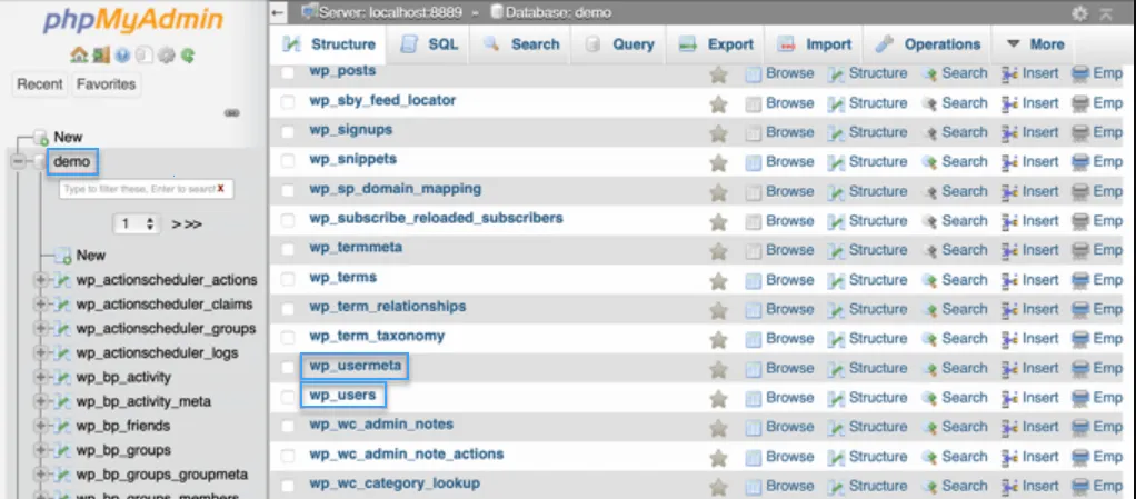 2 cách thêm admin user vào database WordPress chi tiết 10 phpMyAdmin sẽ hiển thị tất cả các bảng trong WordPress database