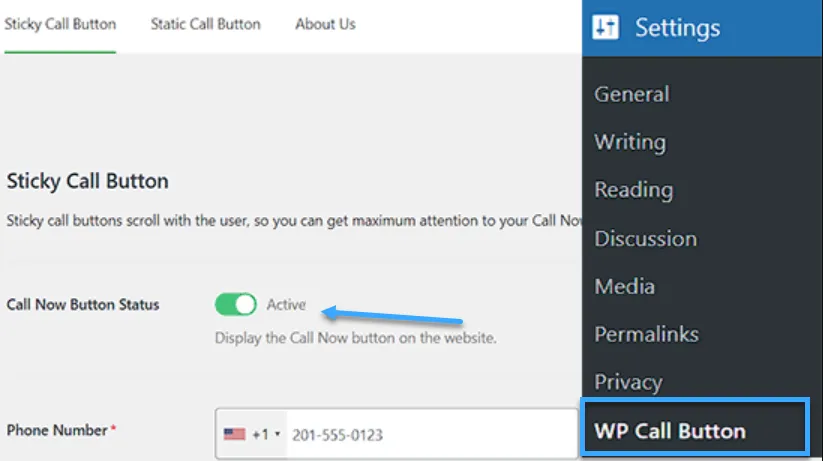 Vào Settings chọn WP Call Button từ WordPress admin sidebar