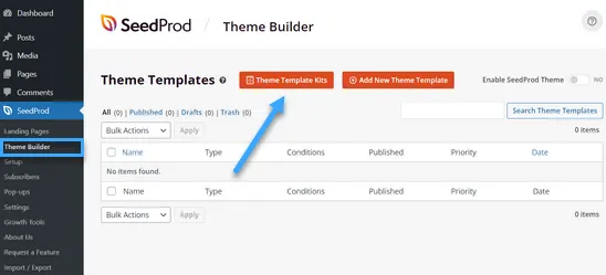 Vào SeedProd chọn Theme Builder sau đó nhấn Theme Templates Kit 