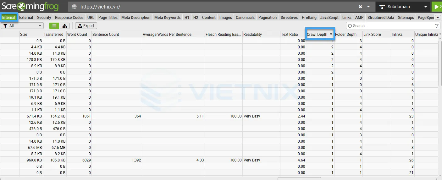 Hướng dẫn sử dụng Screaming Frog chi tiết cho người mới 34 Chỉ số Craw Depth