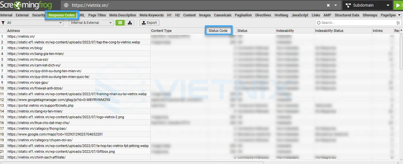 Hướng dẫn sử dụng Screaming Frog chi tiết cho người mới 26 Tab Response Codes