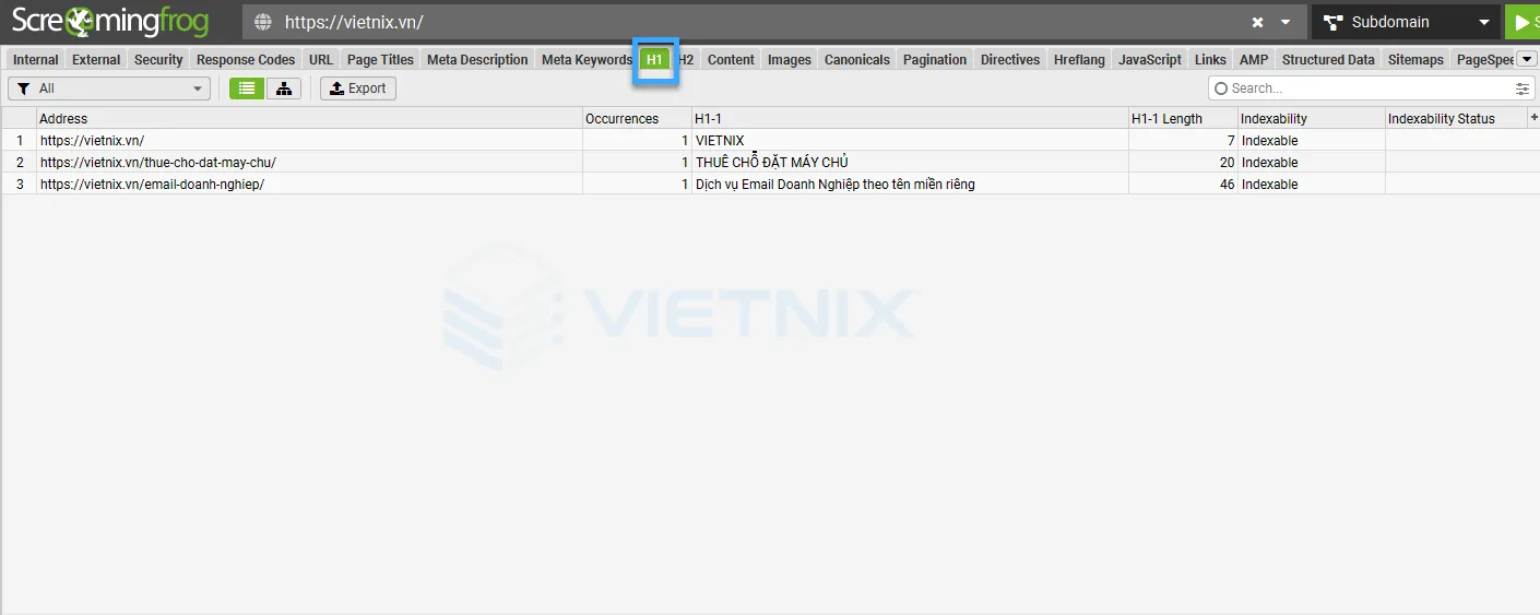 Hướng dẫn sử dụng Screaming Frog chi tiết cho người mới 30 Tab Heading 1