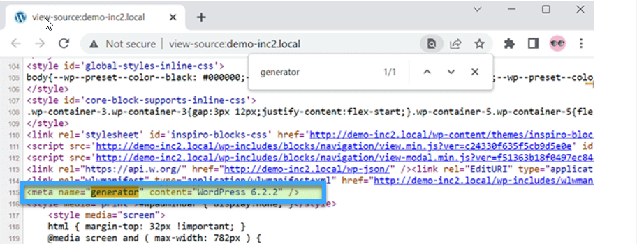 3 cách kiểm tra phiên bản WordPress hiện tại đơn giản 16 Tìm từ khóa 'generator' trong source code