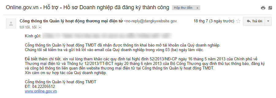 Email thông báo gửi hồ sơ thành công