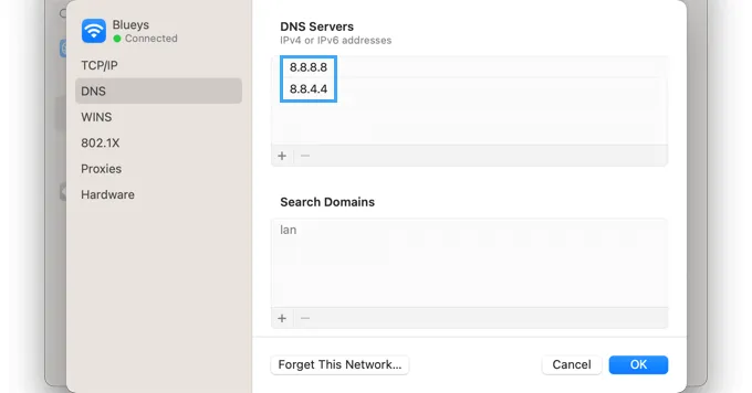 Cách khắc phục lỗi ERR_CONNECTION_RESET trong WordPress 26 Thêm địa chỉ cho máy chủ DNS của Google