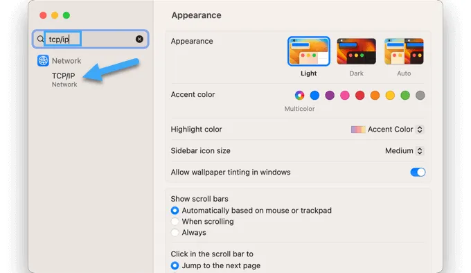 Cách khắc phục lỗi ERR_CONNECTION_RESET trong WordPress 27 Trong system settings Mac, Tìm kiếm TCP/IP