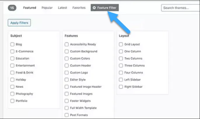 Theme là gì? 3 cách cài đặt theme và kho theme website HOT nhất hiện nay 27 Sử dụng tính năng Feature Filter để lọc theme